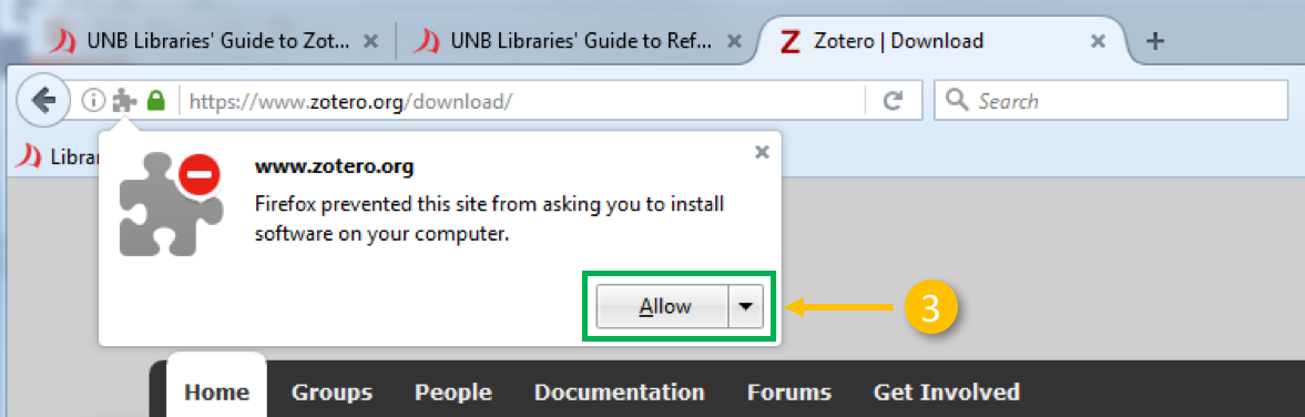 Pop-up displaying the option to allow the Zotero plugin in your browser.