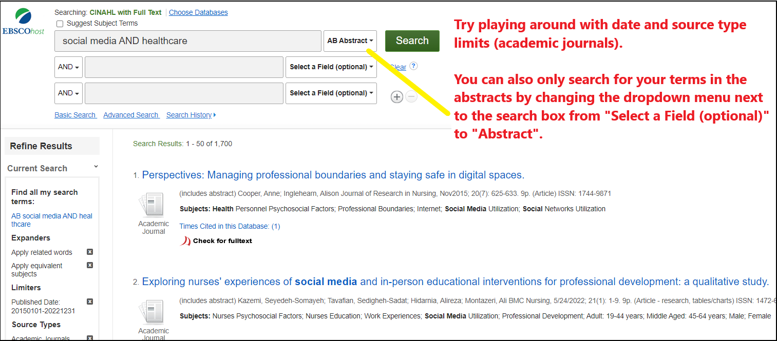 Screenshot of search results from CINAHL using the words social media and healthcare, limited by abstract using the dropdown menu next to the search box.