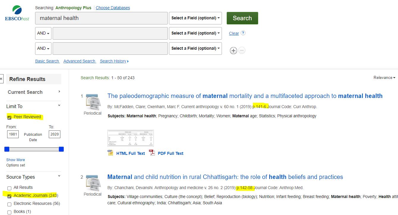 Screenshot of Anthropology plus database search with highlights over peer review, academic journals, and page numbers of the first two results