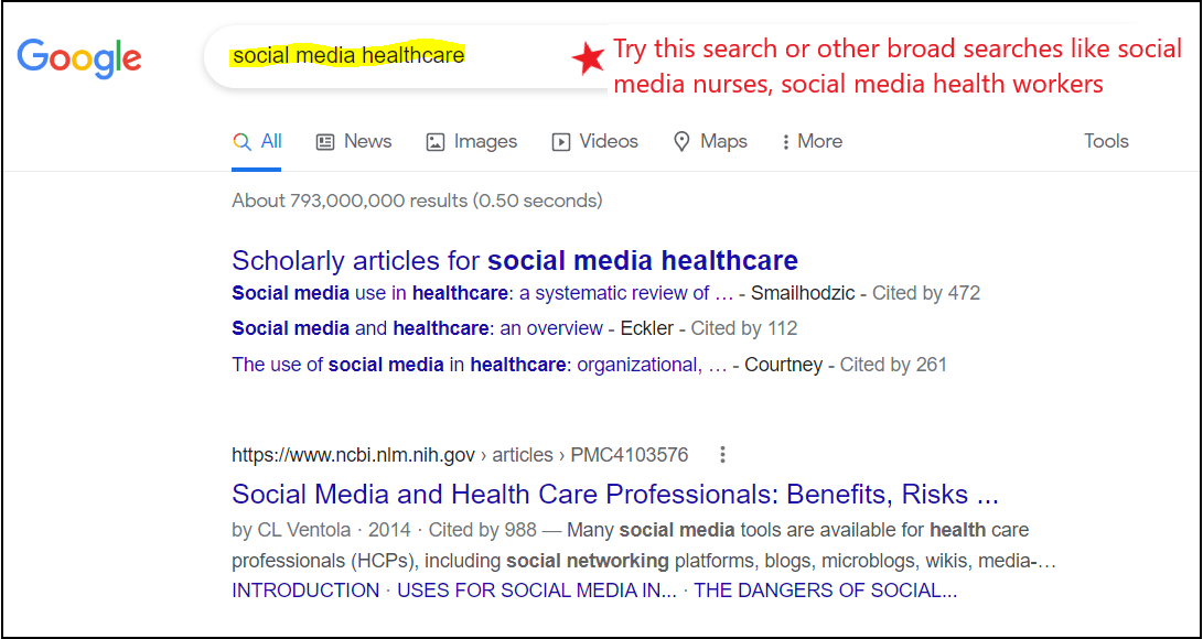 Screenshot of Google search results using the search terms social media healthcare with a note to try other broad searches like social media nurses, social media health workers