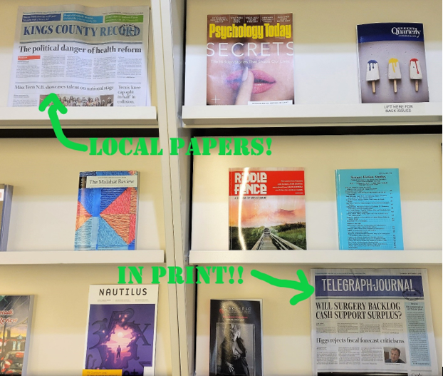 Image of physical newspapers and magazines on a shelf, with arrows and text overlaid saying local papers in print