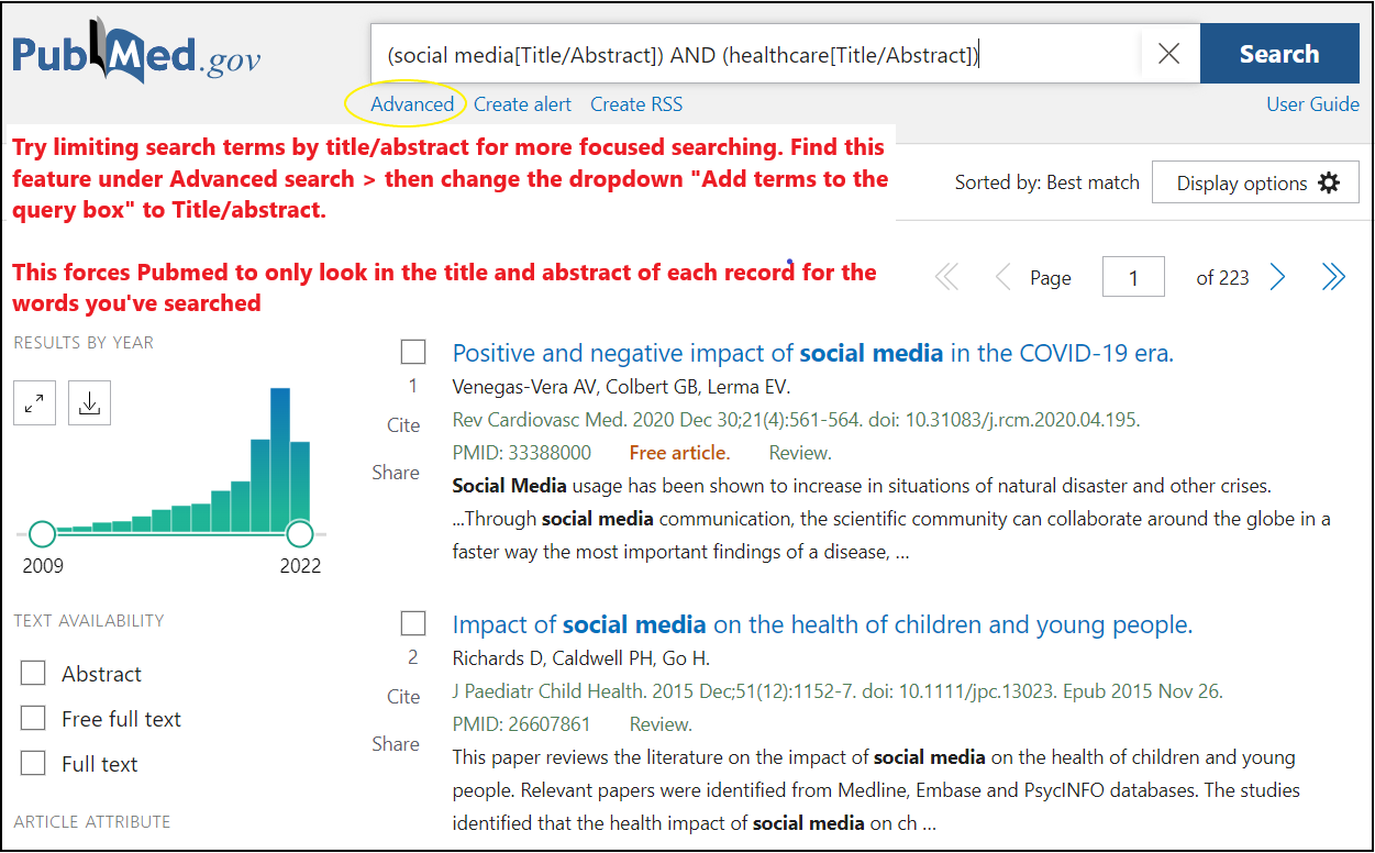 Screenshot of Pubmed search results page for search on the terms social media and healthcare, with these terms limited by title or abstract by using a feature found under the Advanced page. This forces Pubmed to only look in the title or abstract of each record for the words you've searched.