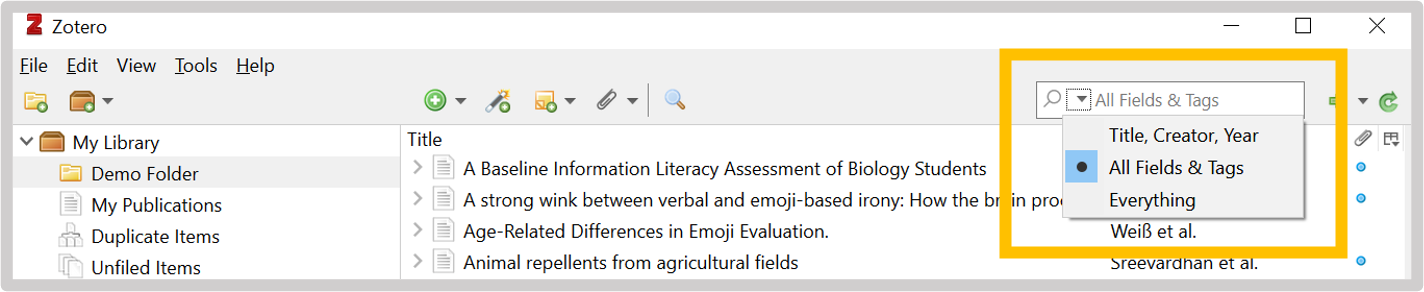 Use the search bar in the top right corner of your Zotero window to search your citations. 