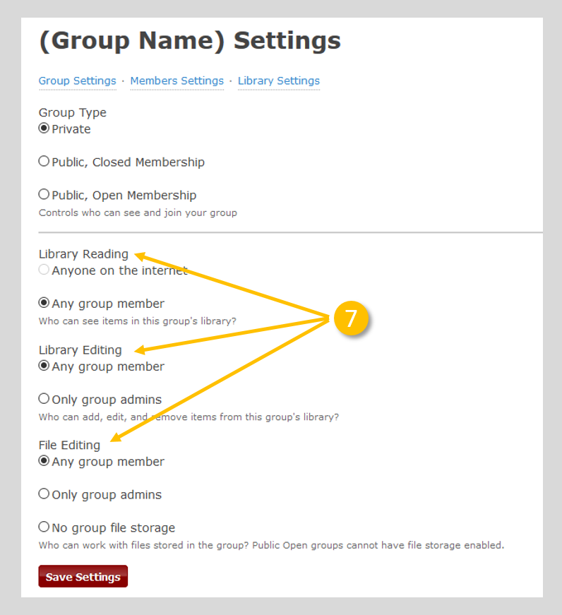 Image of group settings page with editorial permissions options