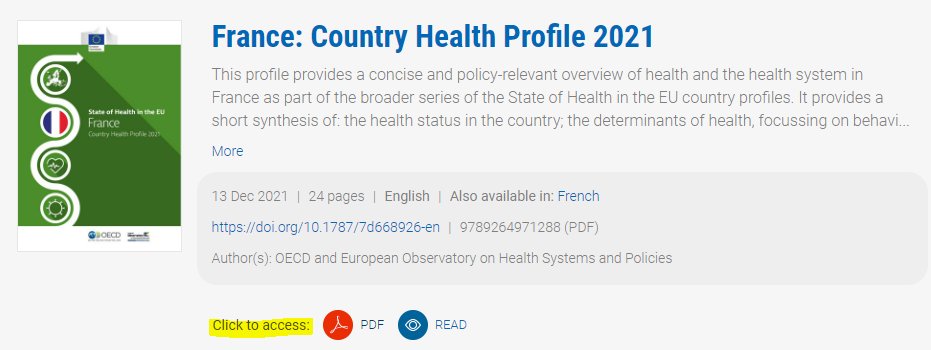 Website screenshot of state of the health in France