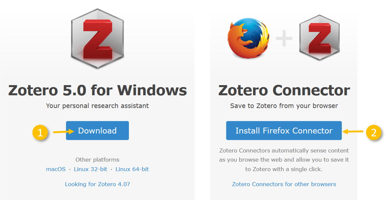 Screen capture of zotero download page