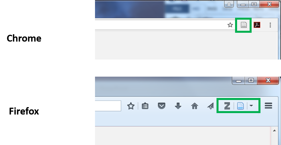 Screen capture of zotero add on icon in chrome and firefox