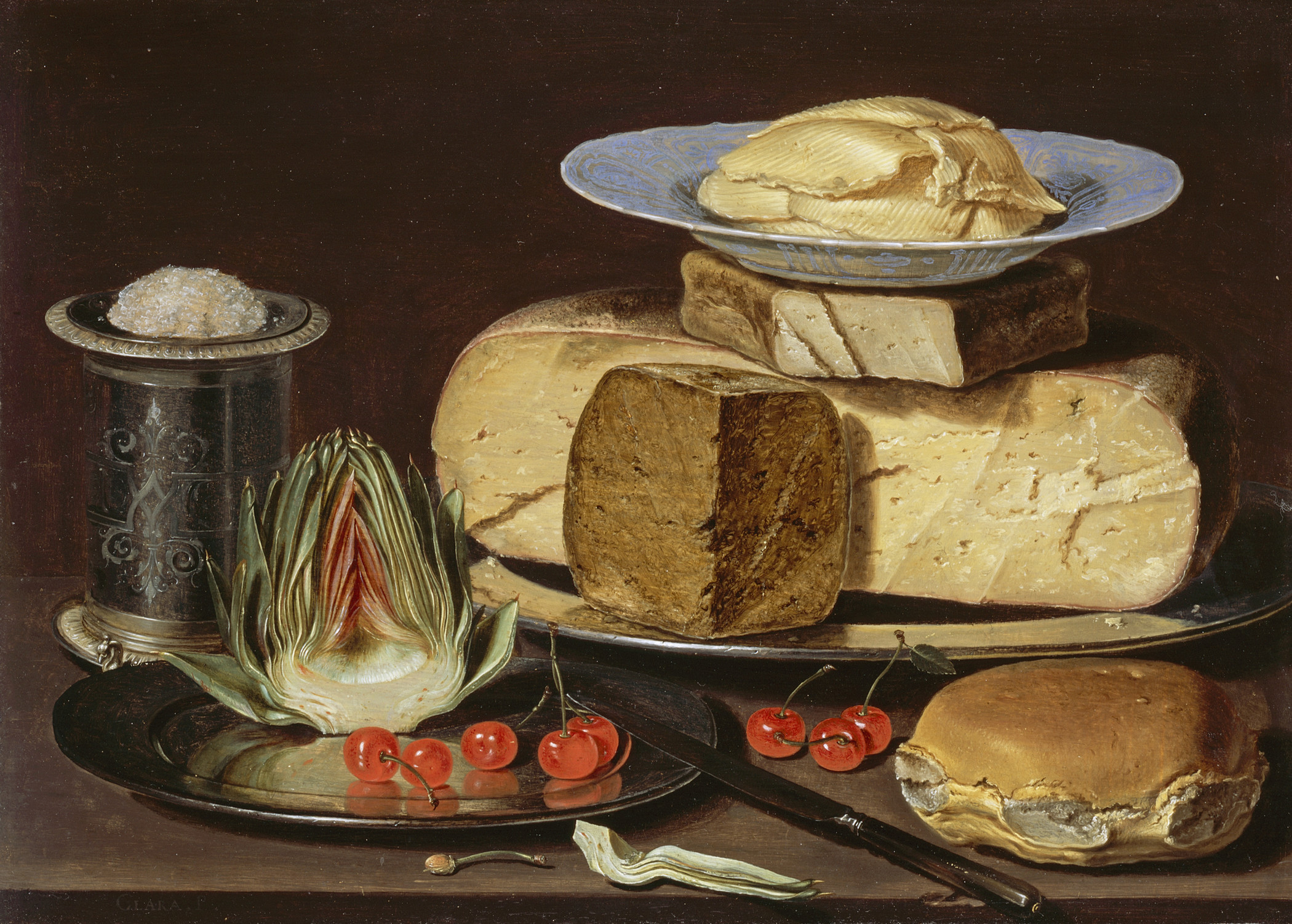 Still Life With Cheeses, Artechoke and Cherries, Clara Peeters, oil on wood, circa 1625