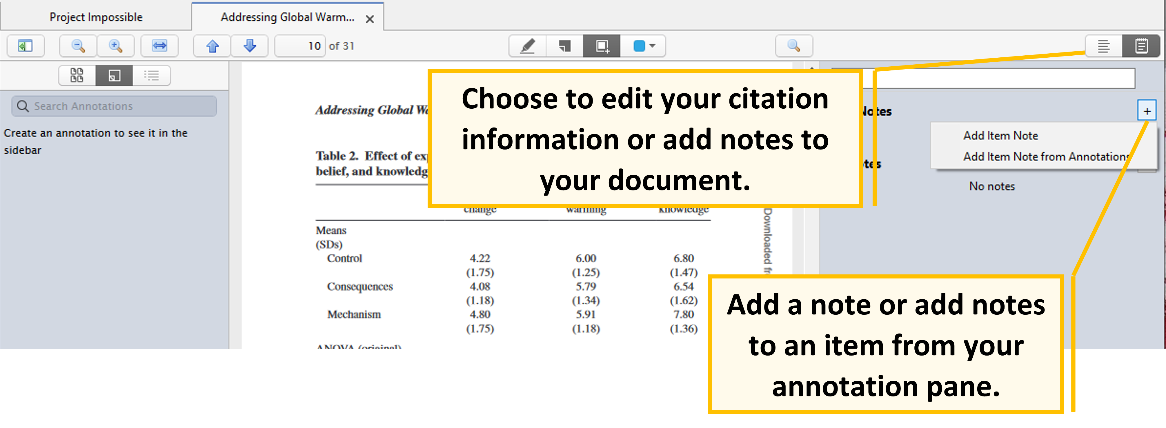 Image of notes pane in pdf editor