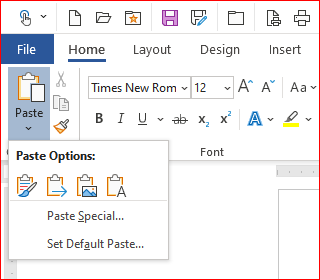 Paste options from ribbon