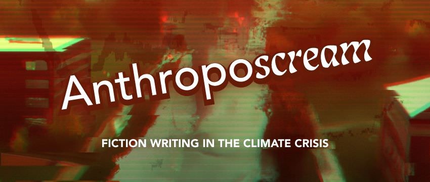 Header image for Anthroposcream. Brids eye view of a dystopian, flooded street. Dark and moody colours with digital distortion.