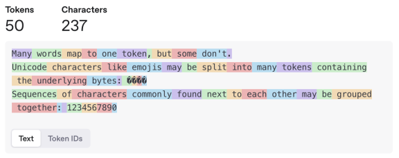 Screenshot of the ChatCPT tokenizer displaying a character count, the total number of characters used and each token highlighted in a different colour.