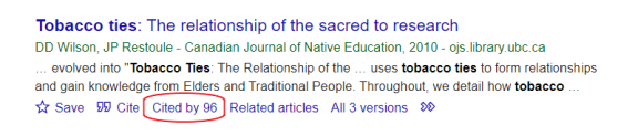 Screenshot of Google Scholar search results for article titled Tobacco Ties with red circle around the cited by 96 hyperlink