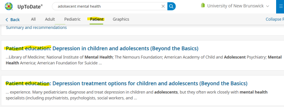 Screenshot of UpToDate database search on adolescent mental health displaying search results with patient education highlighted