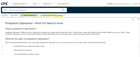 Screenshot of CPS database with a search for patient information on postpartum depression