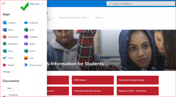 Hyperlink to Microsoft 365 via the My UNB portal