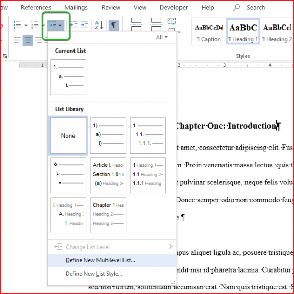 Define New Multilevel List option