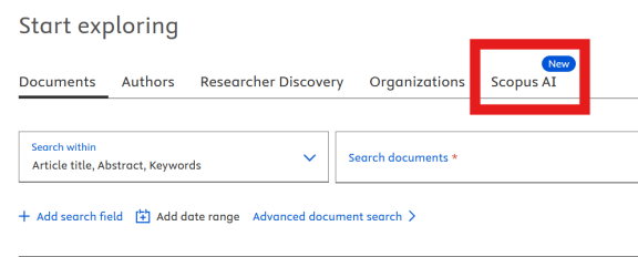 Scopus homepage with the Scopus AI option indicated by a red rectangle on the top right of the screen