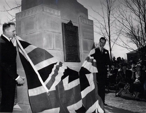 Prof. R.J. Love and J.C. McNair (son of Premier J.B. McNair) unveiling the Poets' Corner Monument