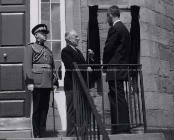 Photo taken at the rear entrance of the Old Arts building at the plaque unveiling ceremony commemorating the 100th anniversary of the naming of UNB, 1959. PR; Series 1; Sub-series 1; Item 4883.