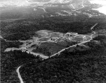 Aerial view of Tucker Park Campus (UNBSJ) just before its completion. UA PC; Series UA PC 9e; Item no. 2 (9) 1969