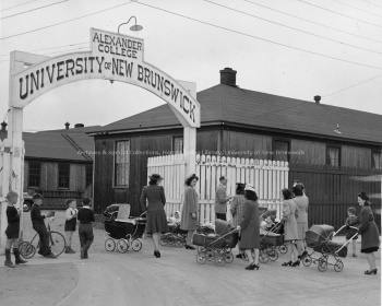 Women and children at the entrance to Alexander College, 1947. UA PC 9 no. 25 (3).