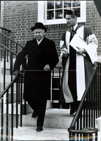 Lord Beaverbrook and UNB President Colin B. Mackay on the steps of Carleton Hall, 1954. UA PC 25; no. 28.