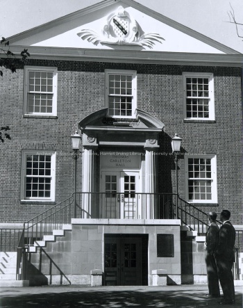 Front entrance of Carleton Hall with crest and portico, [between 1960 and 1961]. UA PC 9 no. 39 (4). Photo credit: Harvey Studios Ltd.