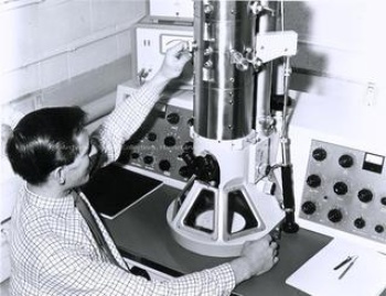 Unidentified man working on equipment in the Chemistry Building. UA PC 9 no. 40 (11).