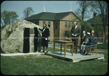 View of the front of the Glacial Boulder during the unveiling ceremony on May 11, 1953. UA RG 350; Series 8; Sub-series 1; File 6, Box 3, Vol 3, GRAD4.