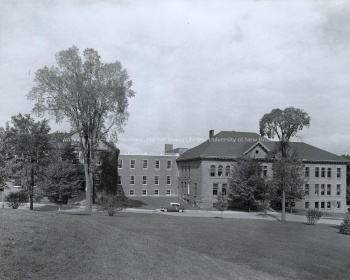 From left to right: Electrical Engineering Building (behind trees), connecting extension, Engineering Building, [between 1957 and 1966]. UA PC 9 no. 32 (6).