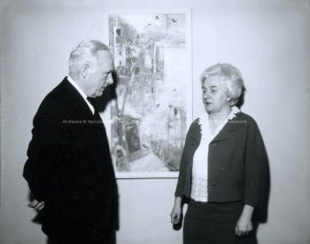 Mary Ella Milham with a colleague, at the Arts Centre during a Humanities Association meeting, (196-). UA PC; Series UA PC 9; Item no. 10 (4).