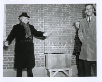 Cornerstone laying ceremony; left to right: Lord Beaverbrook, Colin Mackay, 1959. UA PC 25 no. 20.
