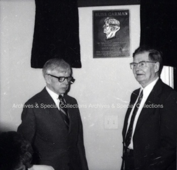 Photo of Dr. Alfred G. Bailey and Dr. Fred Cogswell at the unveiling of Bliss Carman plaque in the Edwin Jacob Chapel, May 1979. PR; Series 1; Sub-series 4; Item 6343.