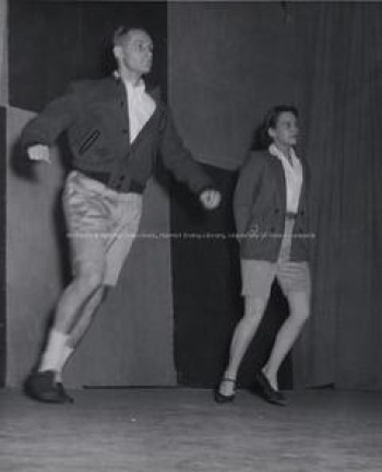 President Colin B. Mackay and Sheila Roberts perform in the Red 'n' Black Revue, 1957. PR; Series 1; Sub-series 1; Item 4938.