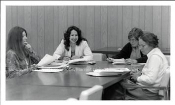 The founders of the Women's Studies Programme. Left to right: Wendy Robbins, Jennie Hornosty, Vicky Gray and Gillian Thompson, 1986. PR; Series 2; Sub-series 4; File 1007; Item 1.